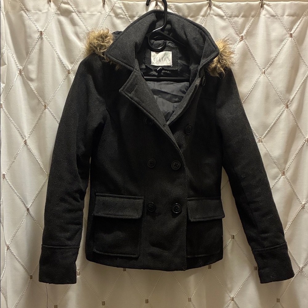 Delia’s Charcoal Grey Pea Coat with Faux Fur Trim